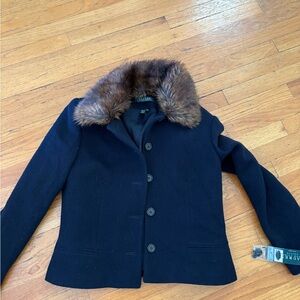 Ralph Lauren Navy Blazer with Faux Fur Collar